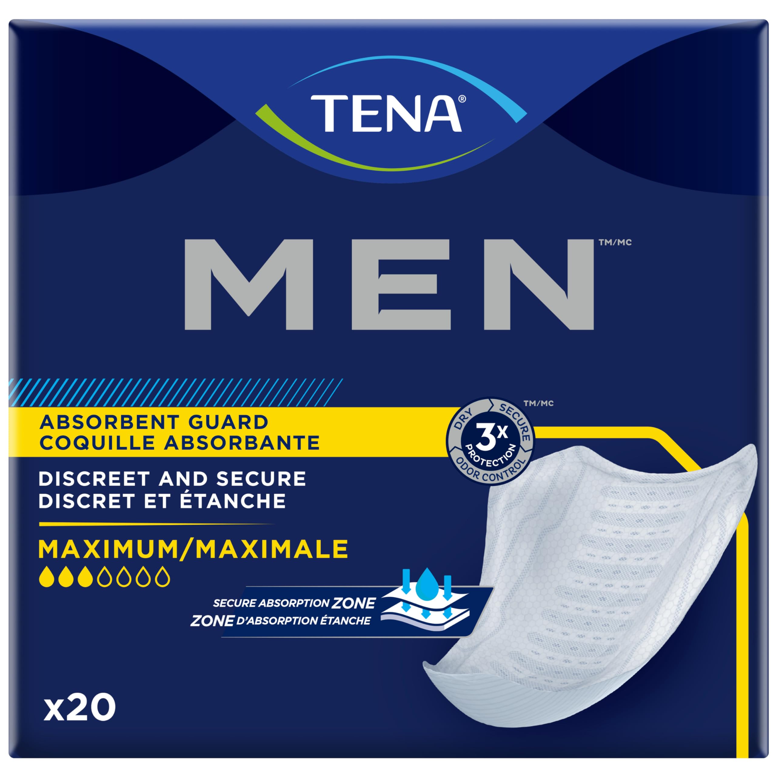 TENA Men guard pack view demonstrates maximum absorbency for day-long protection