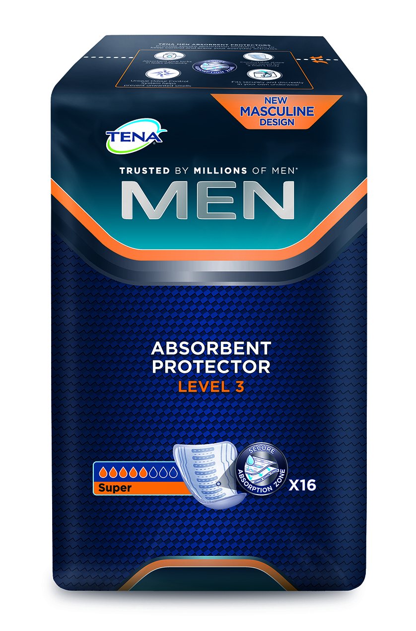 TENA Level 3 Men guard with soft cloth-like cover and adhesive strips for secure wear.