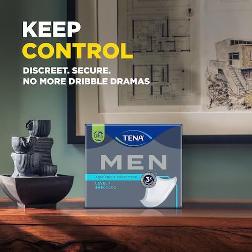 TENA MEN pad with adhesive tape for secure underwear attachment.