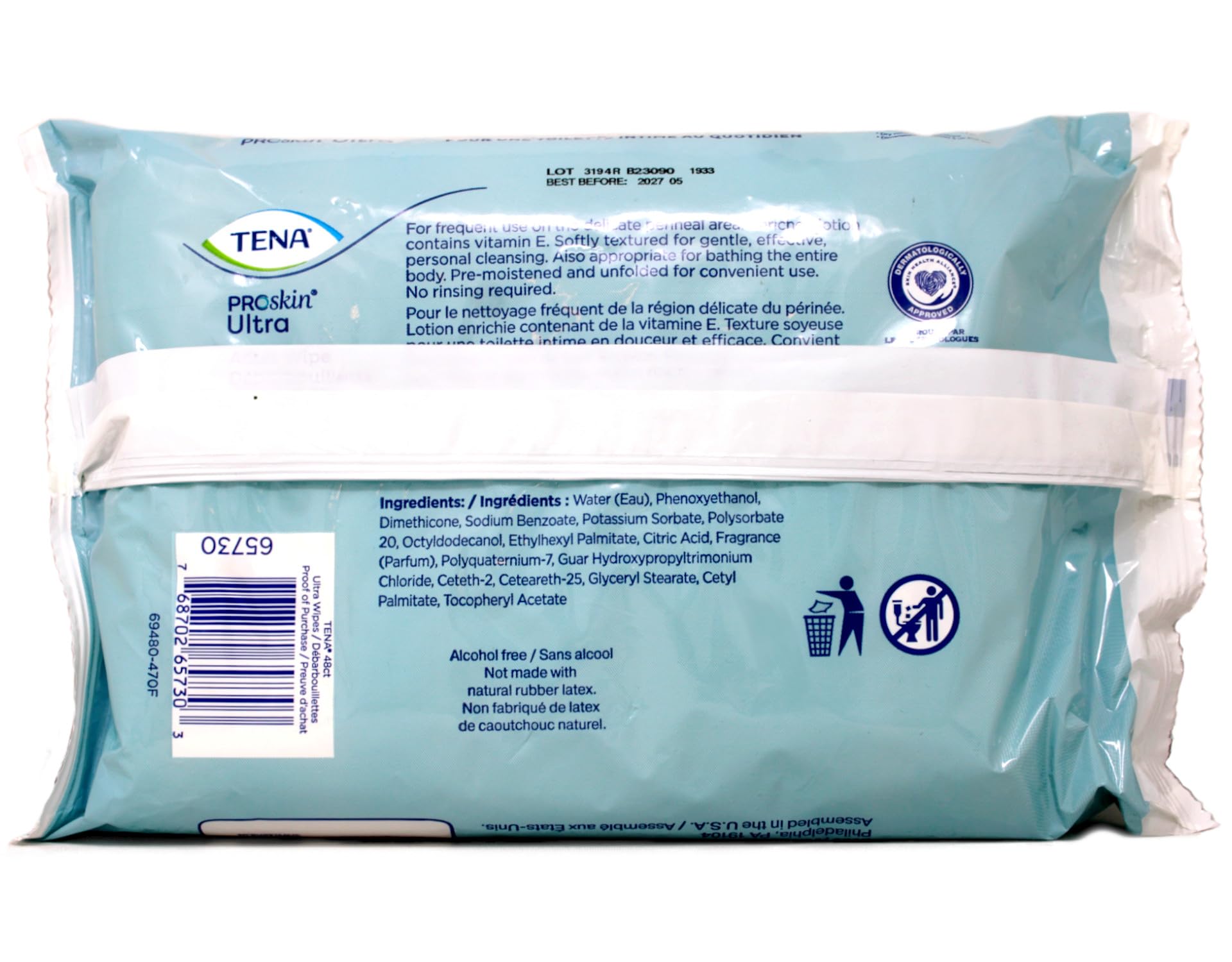 TENA ProSkin Ultra wipes with chamomile for gentle cleansing.