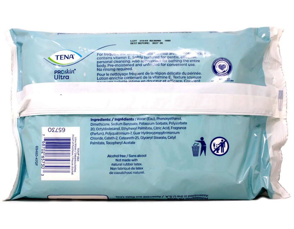 TENA ProSkin Ultra wipes with chamomile for gentle cleansing.