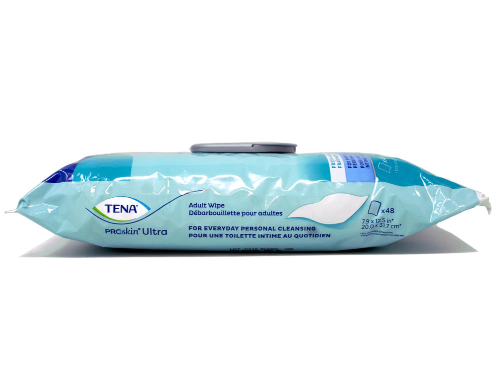 Moisturizing lotion visible on wipe surface of TENA wipe.