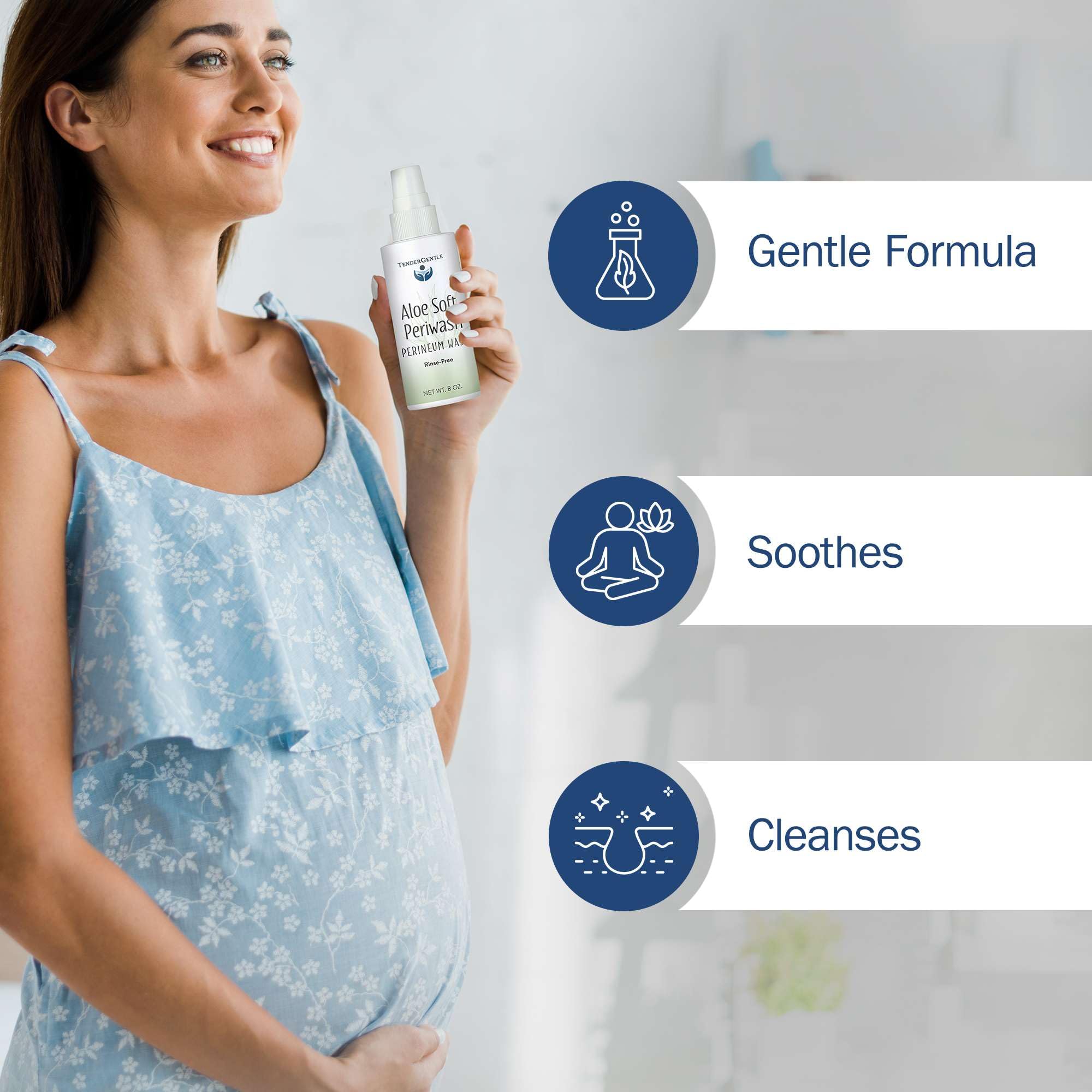 TenderGentle Aloe Soft Perineal Spray application mist for quick, rinse-free cleansing.
