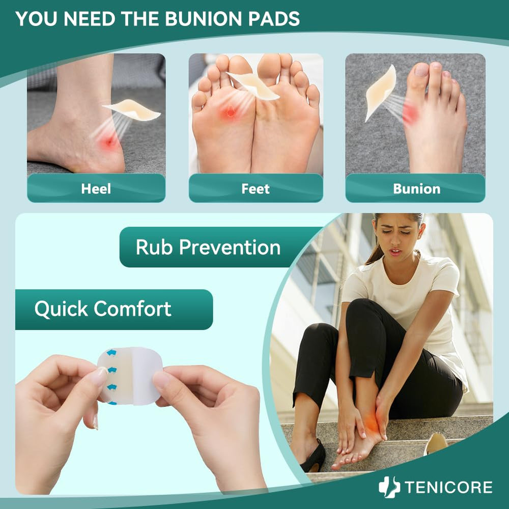 TENICORE Bunion Pads on foot for bunion and toe protection.