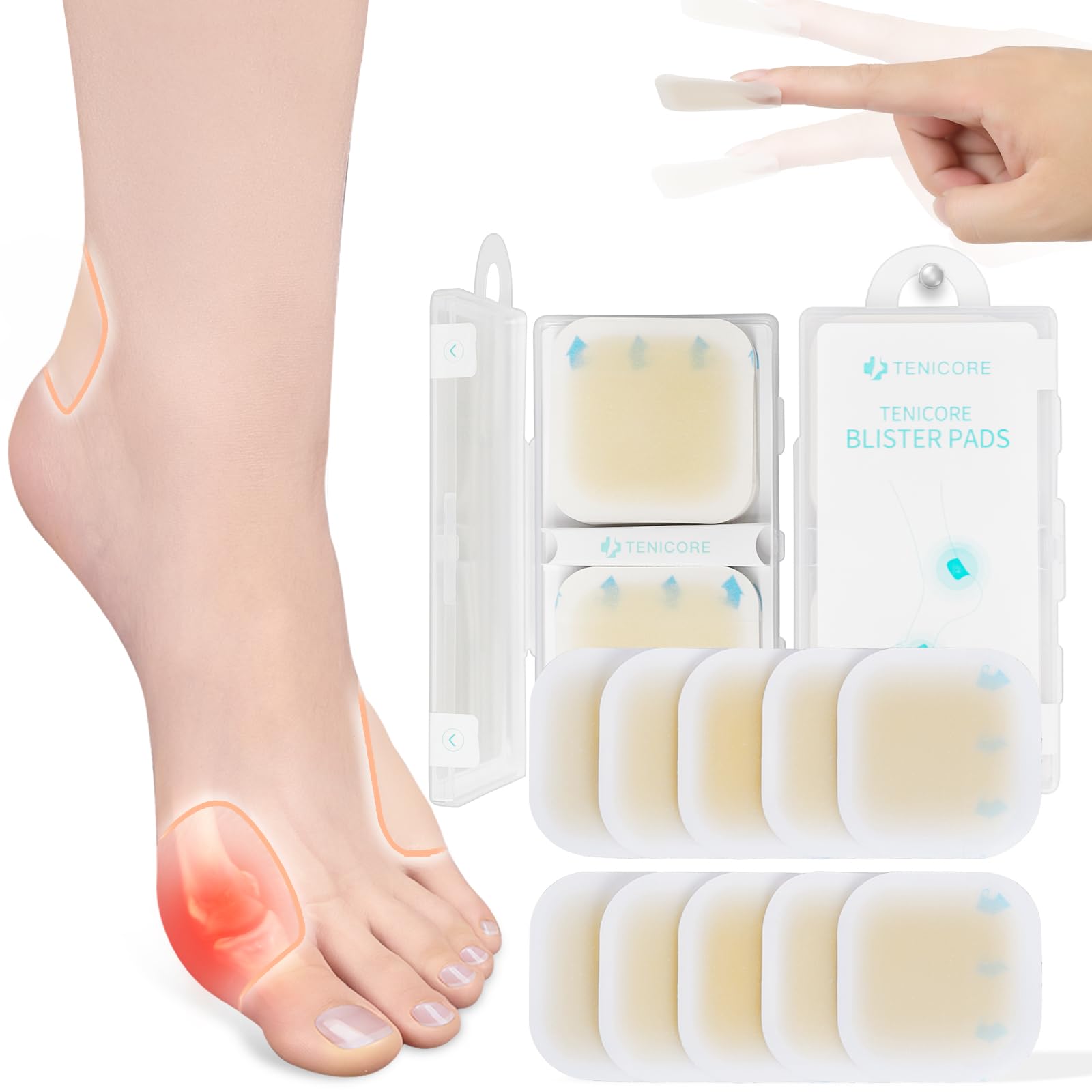 TENICORE Bunion Pads pack closeup; thin cushions for daily comfort.