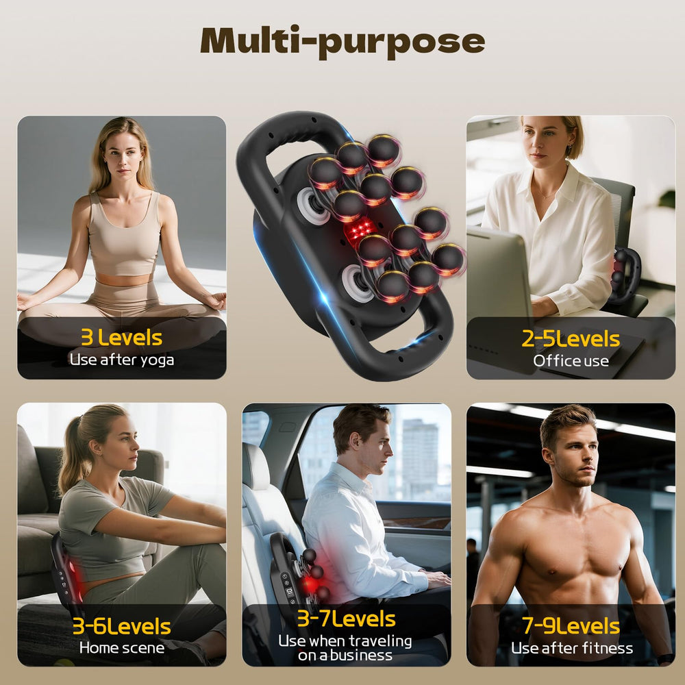 Twelve massage heads adapt to back, neck, and limbs