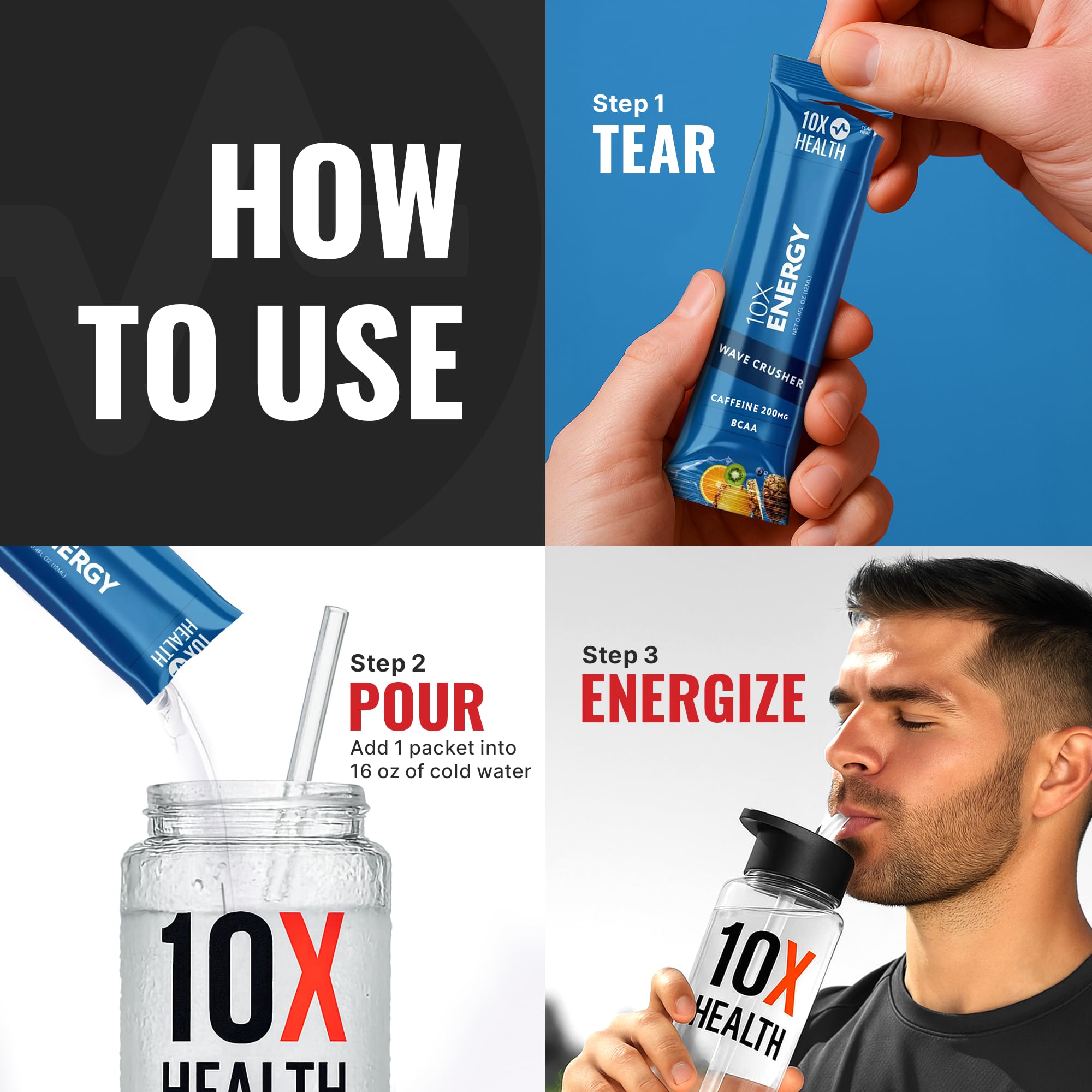 10X Health Energy Wave Crusher ingredients bottle highlights BCAAs and vitamins.