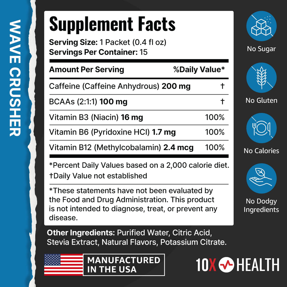 10X Health Energy Wave Crusher stevia flavor close-up.