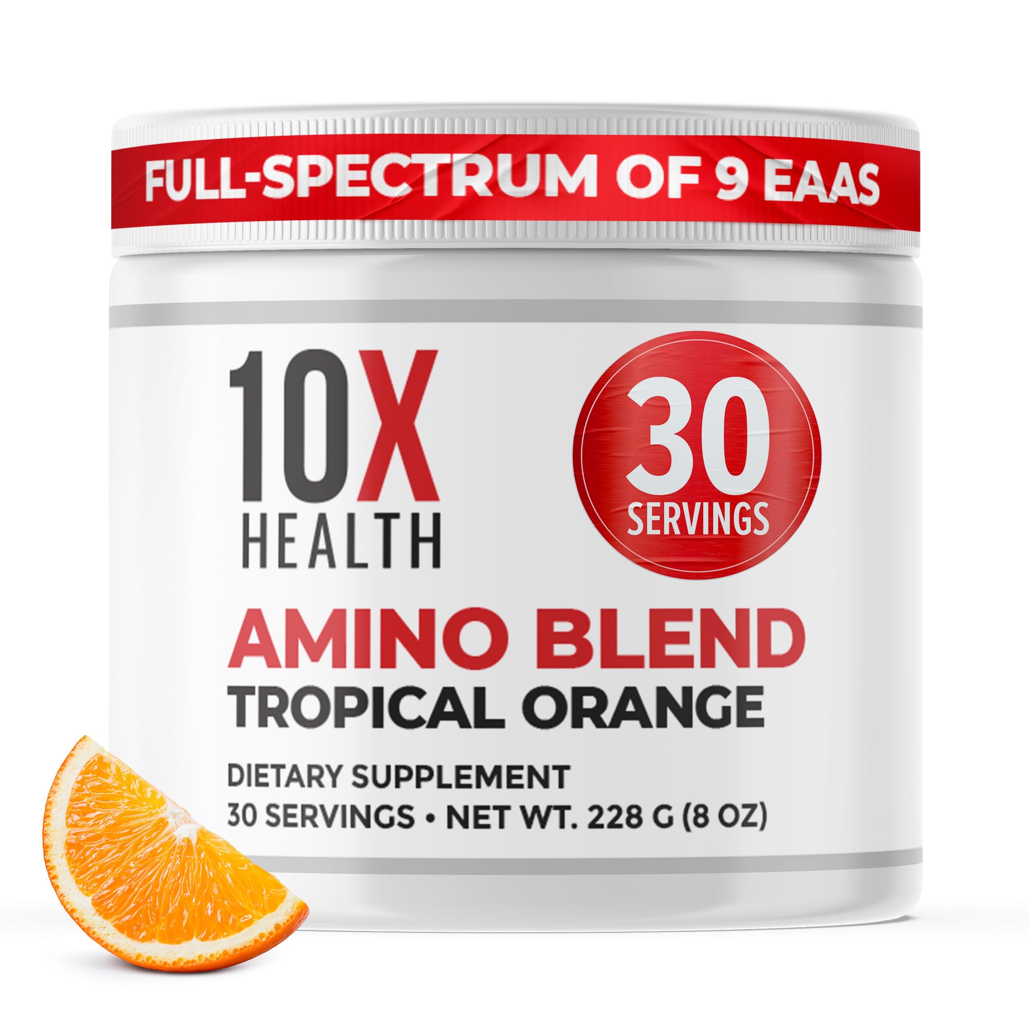 10X Health System amino acids bottle displaying complete EAAs and BCAAs for daily support