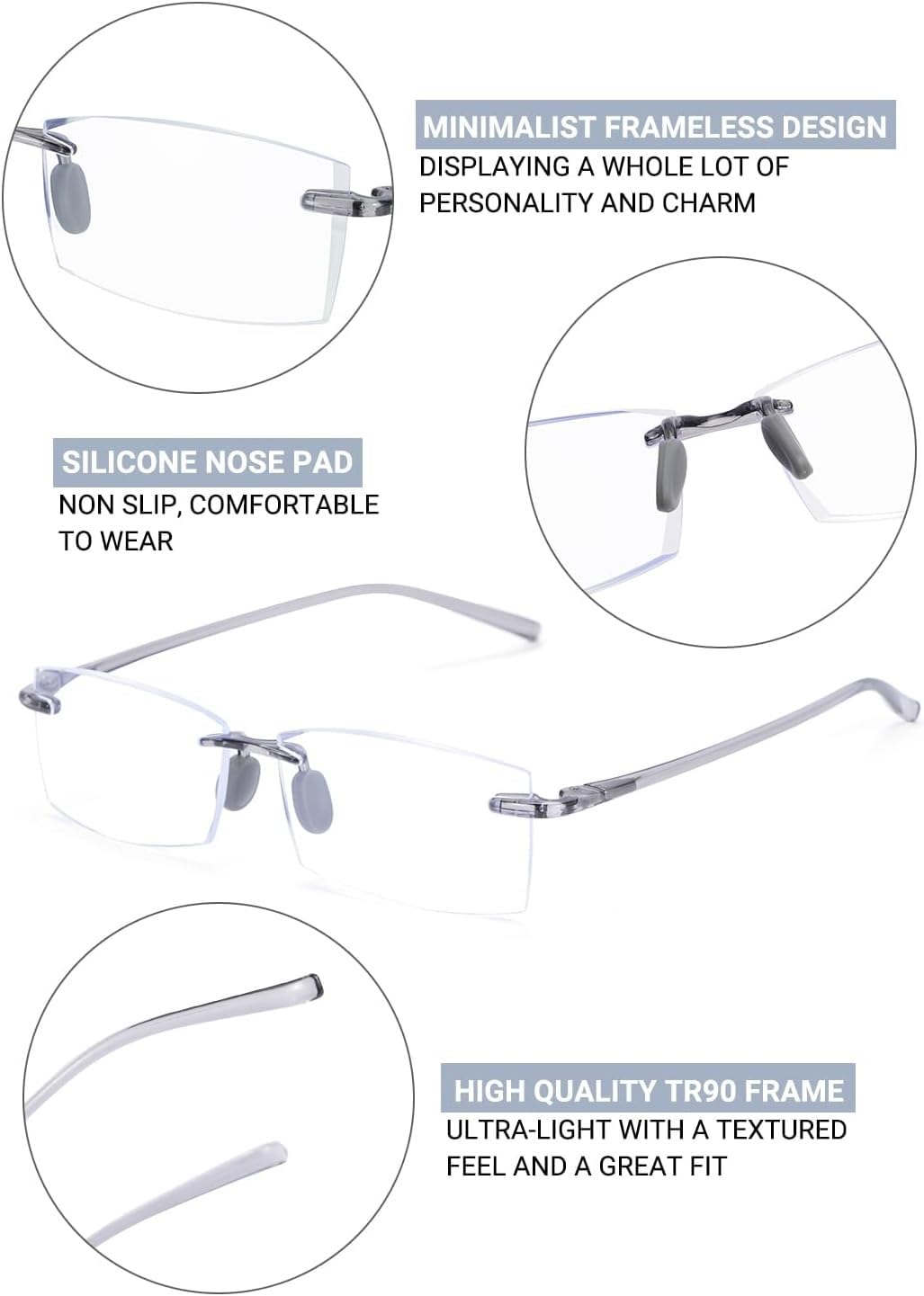 TERAISE Rimless reading glasses on desk with laptop ideal for extended use.