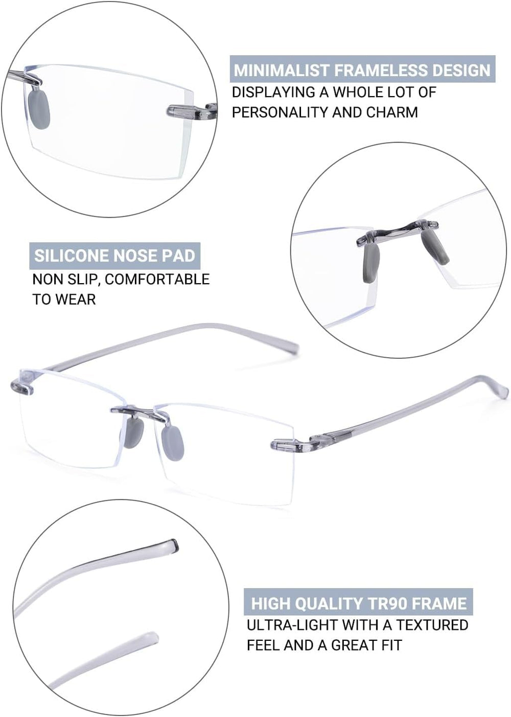 TERAISE Rimless reading glasses on desk with laptop ideal for extended use.