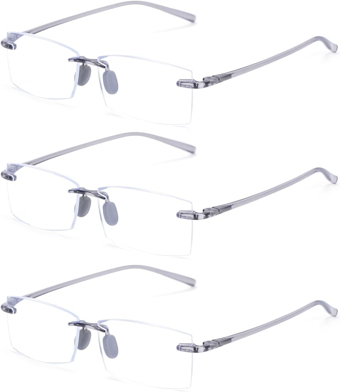 TERAISE Rimless reading glasses frame close-up showing ultralight comfort for all-day wear.