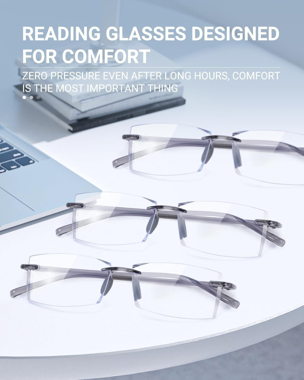 TERAISE Rimless reading glasses on desk setup highlighting blue light protection during work.