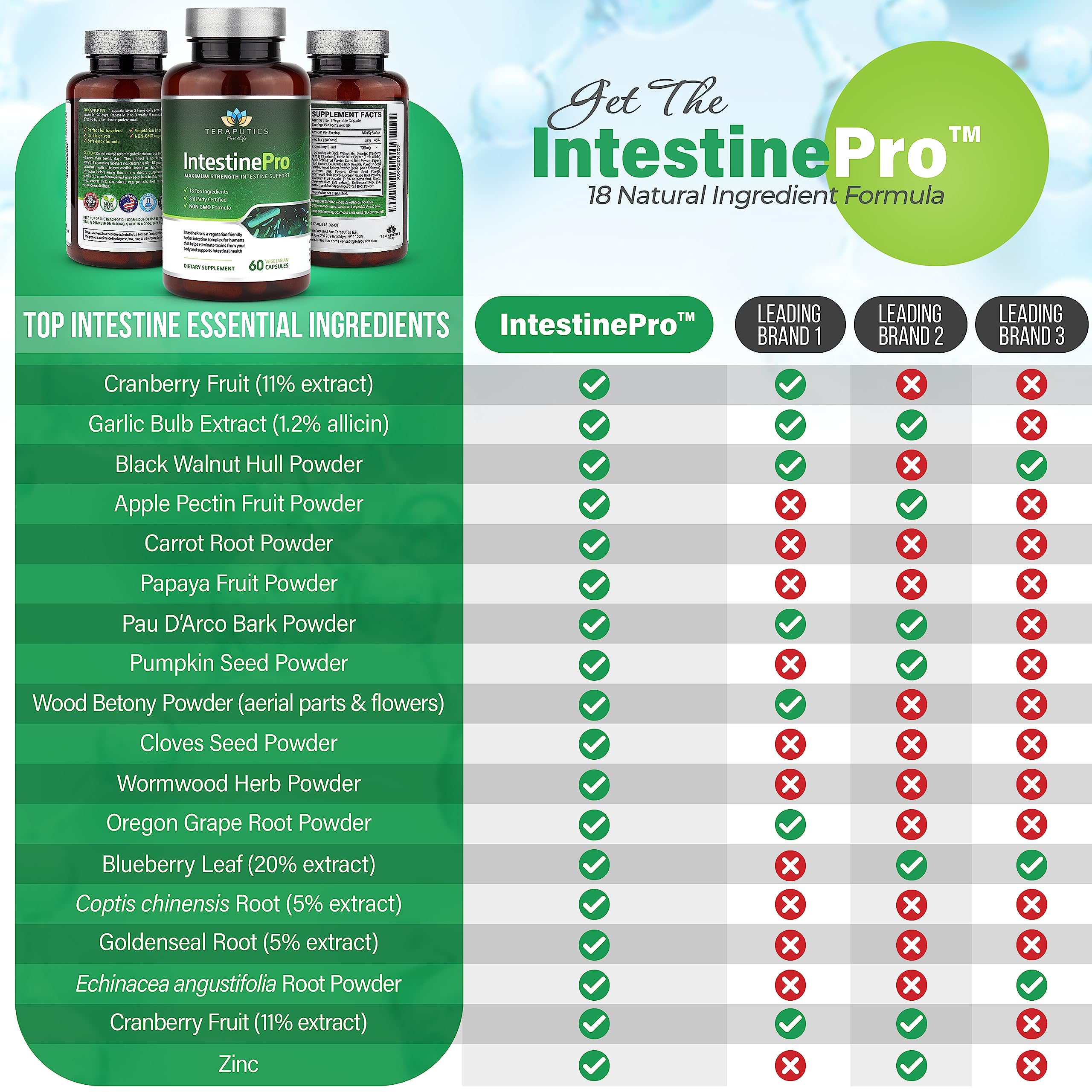 Teraputics IntestinePro bottle label emphasizing non-GMO formulation and premium ingredients.