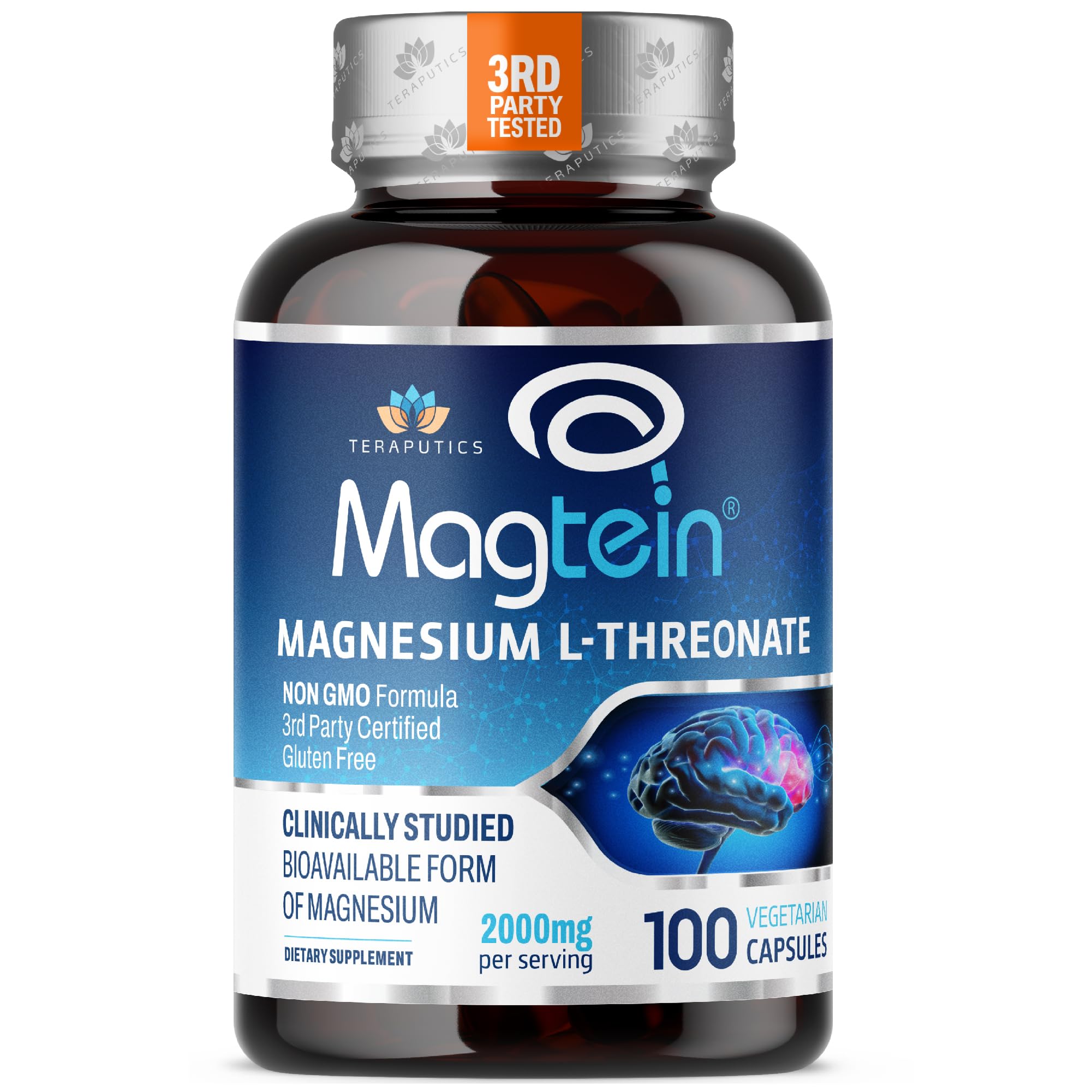 Teraputics Magtein bottle front highlighting brain-support magnesium for focus.