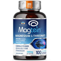 Teraputics Magtein bottle front highlighting brain-support magnesium for focus.