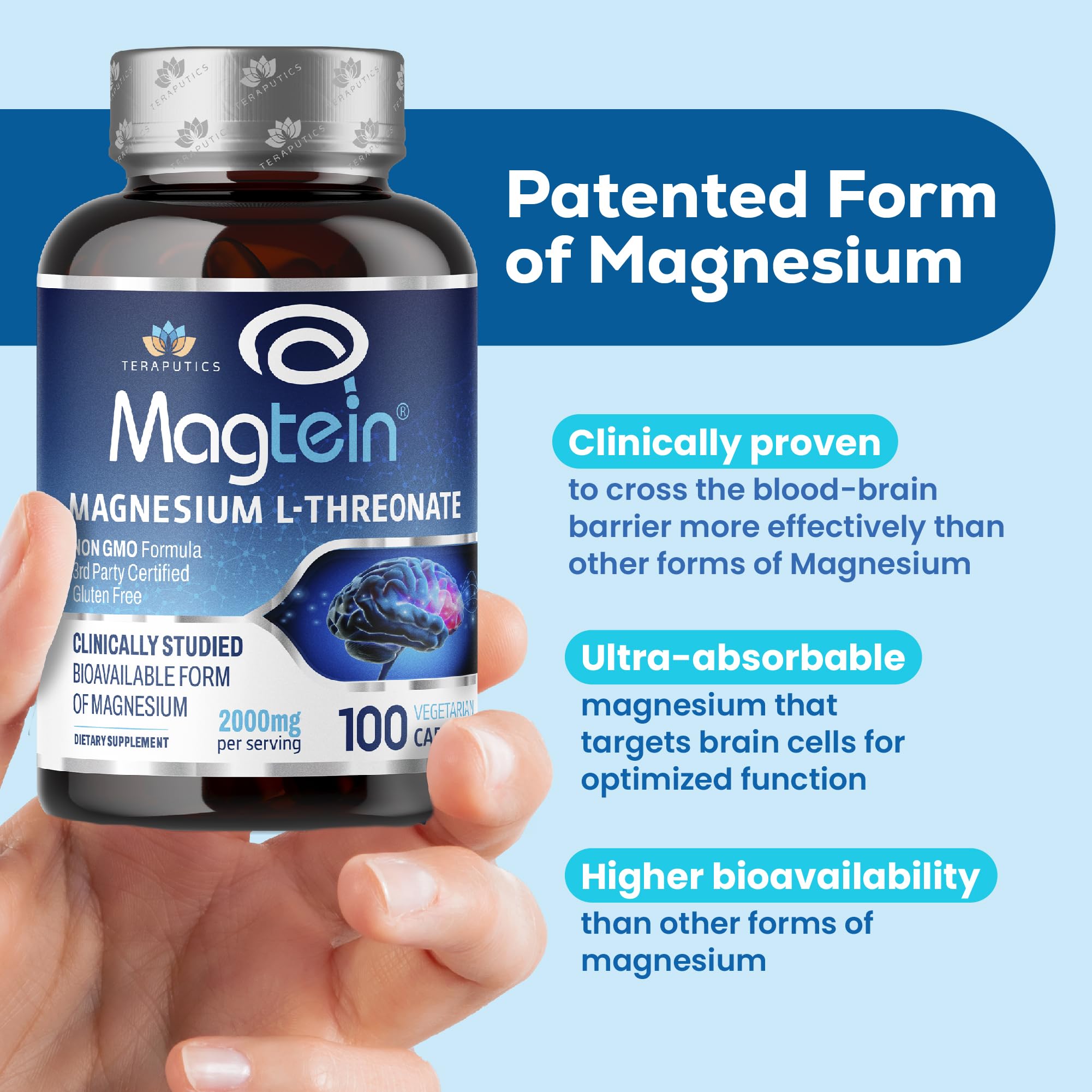 Pouring Magtein bottle suggests simple daily use for memory and focus.