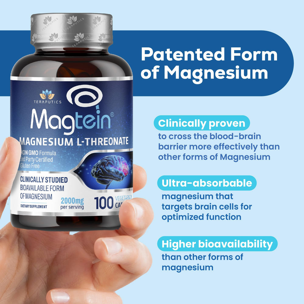 Pouring Magtein bottle suggests simple daily use for memory and focus.