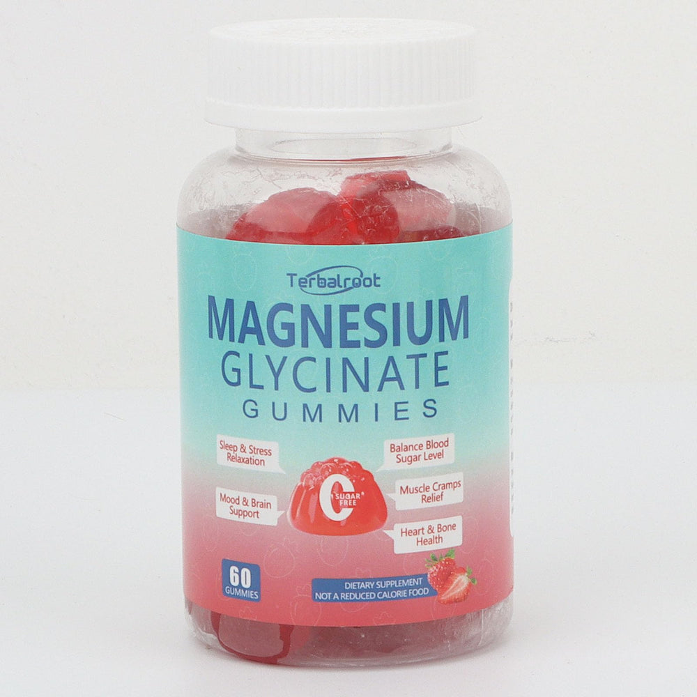 Terbalroot magnesium glycinate gummies packaging and ingredients list, GMP-certified quality.