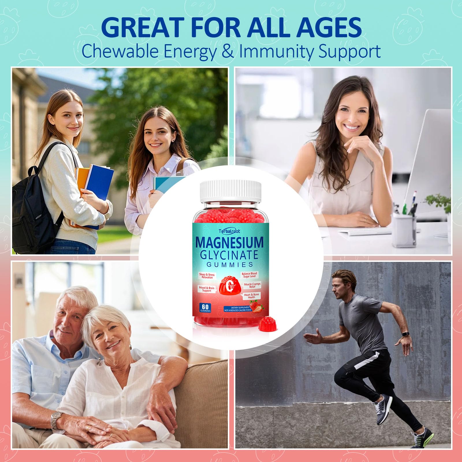 Terbalroot magnesium glycinate gummies vegan strawberry flavor on spoon, sugar-free option for adults.