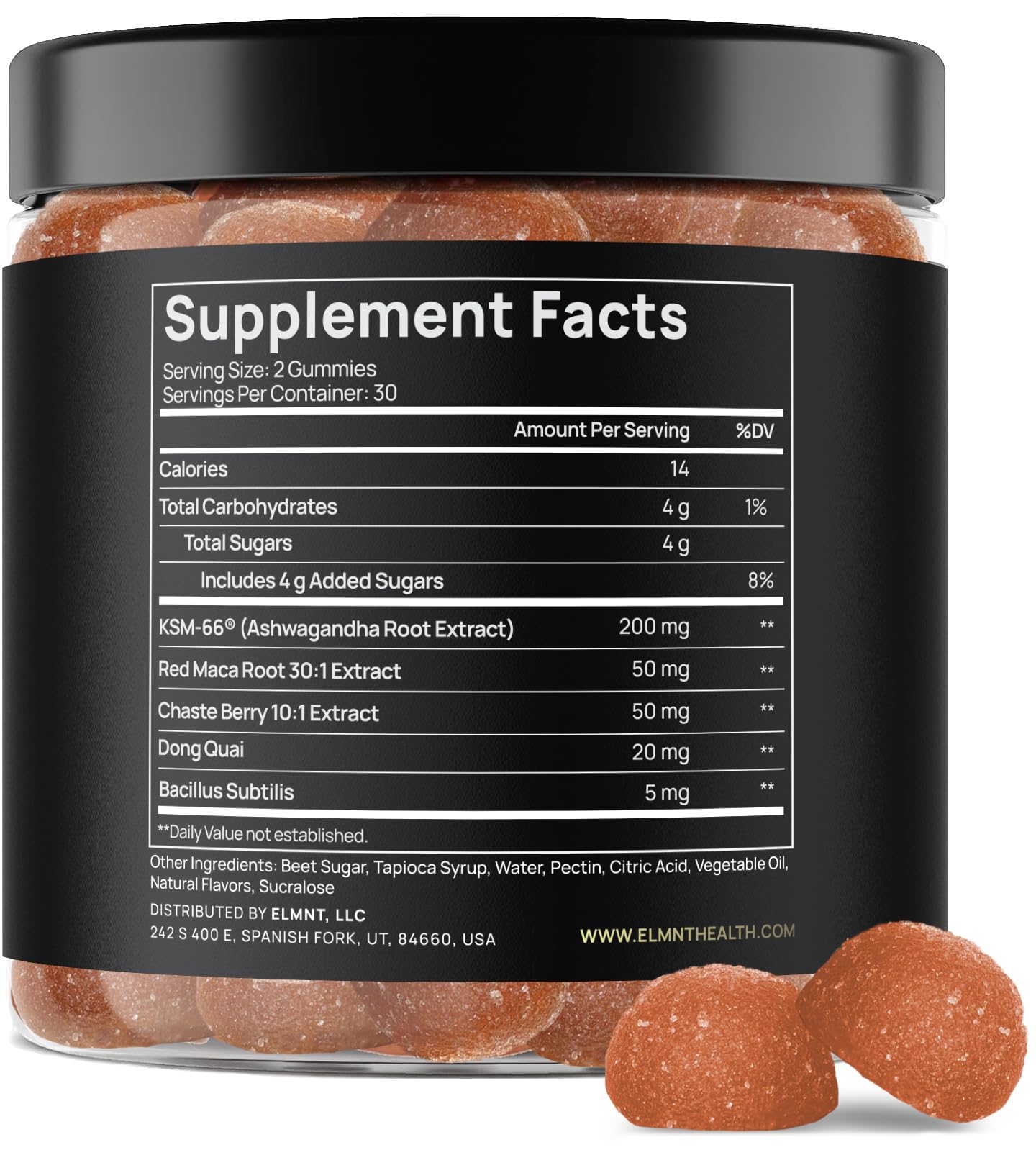 Terra Elmnt Ashwagandha Gummies bottle emphasizing KSM-66 for stress relief and balance.