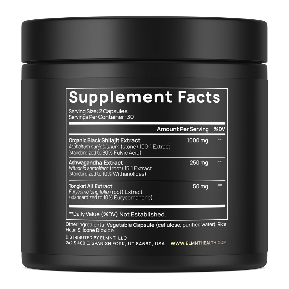 Terra Elmnt Ashwagandha-Tongkat Ali capsules highlight adaptogens for stamina and focus.