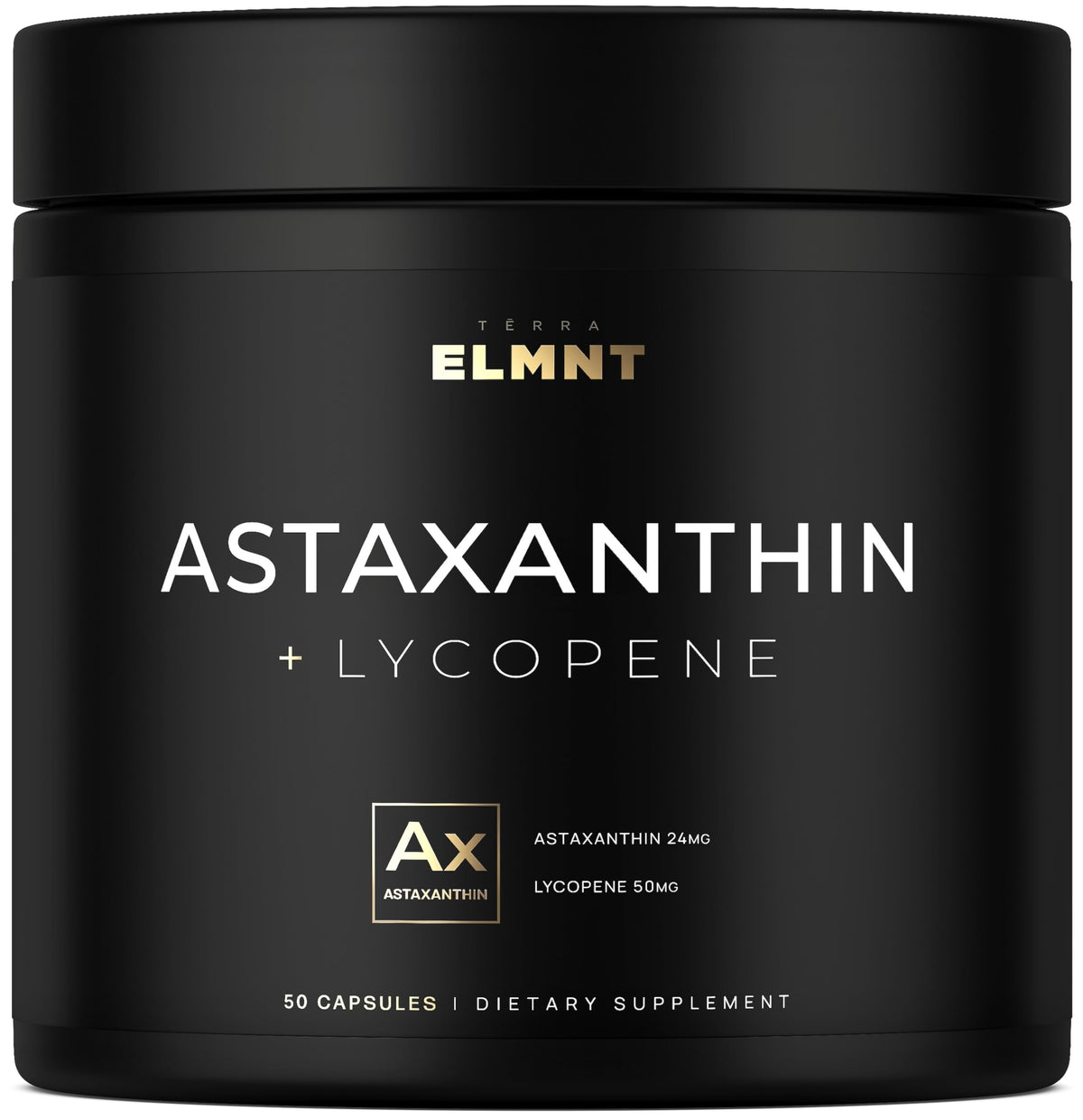 Terra Elmnt astaxanthin-lycopene capsule close-up for skin tone support.