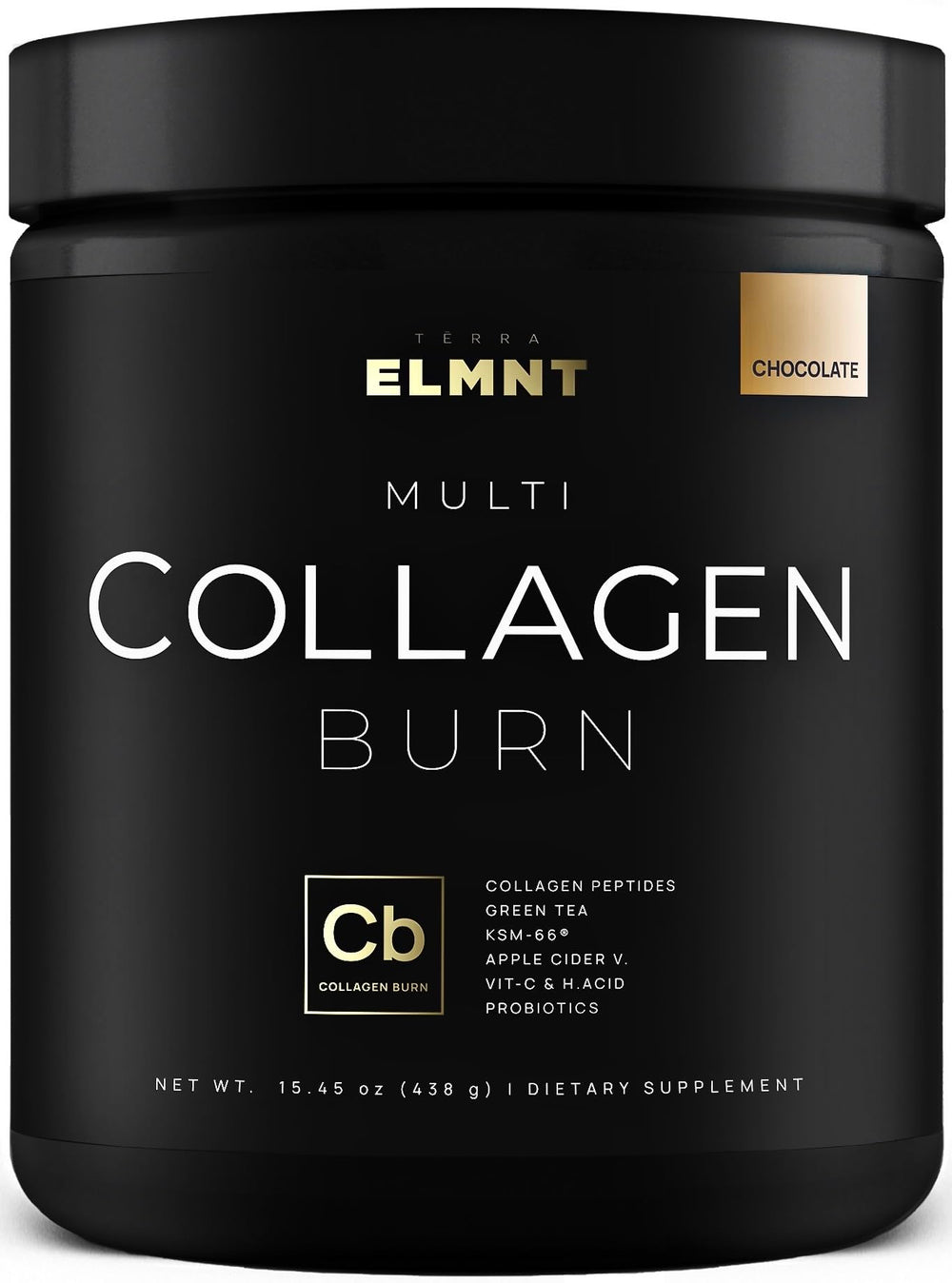Terra Elmnt Chocolate Collagen Burn bottle poured for a beauty-boosting drink.