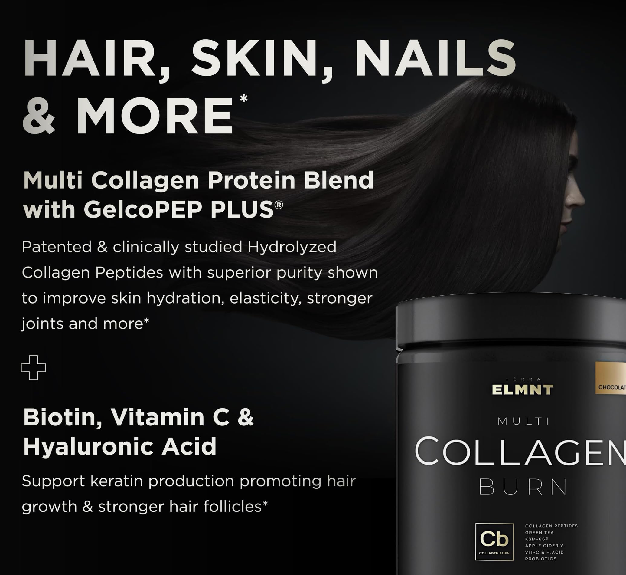 Terra Elmnt Chocolate Collagen Burn closeup label highlights patented ingredients.