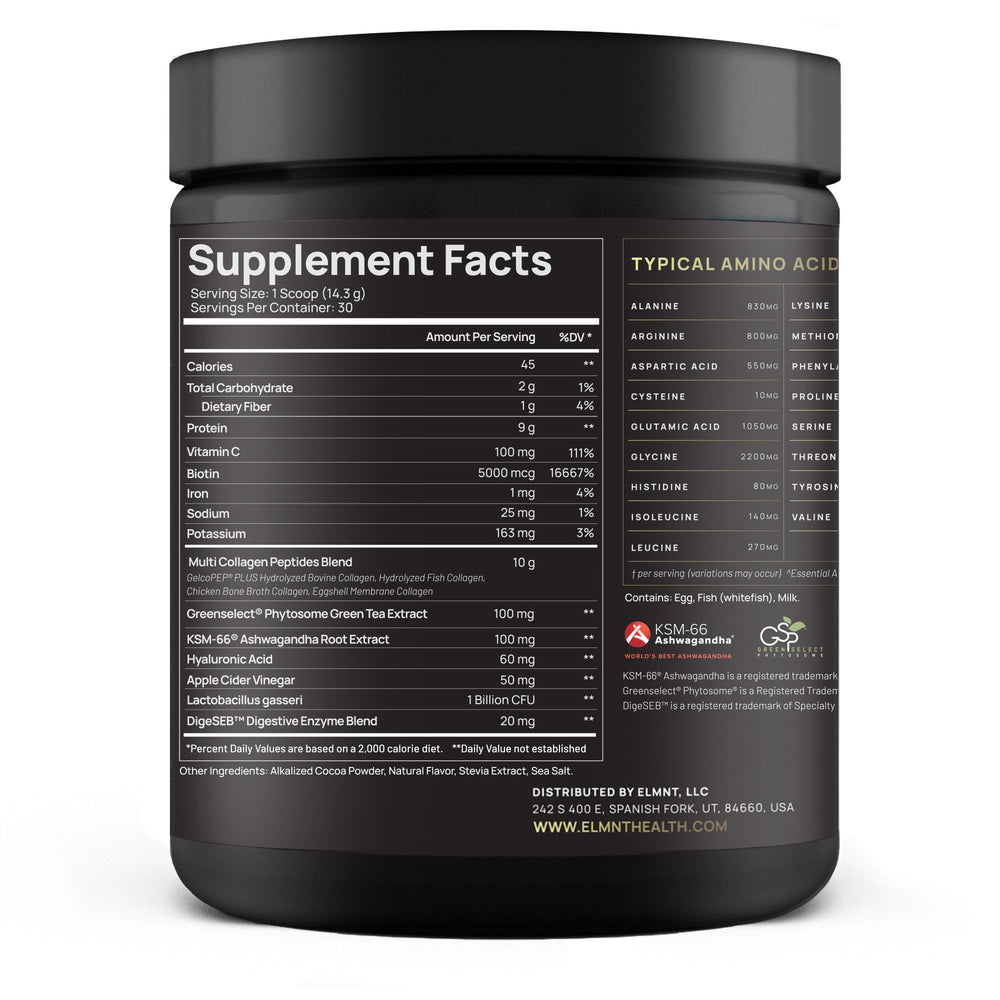Terra Elmnt Chocolate Collagen Burn glass shows creamy, mixable powder.