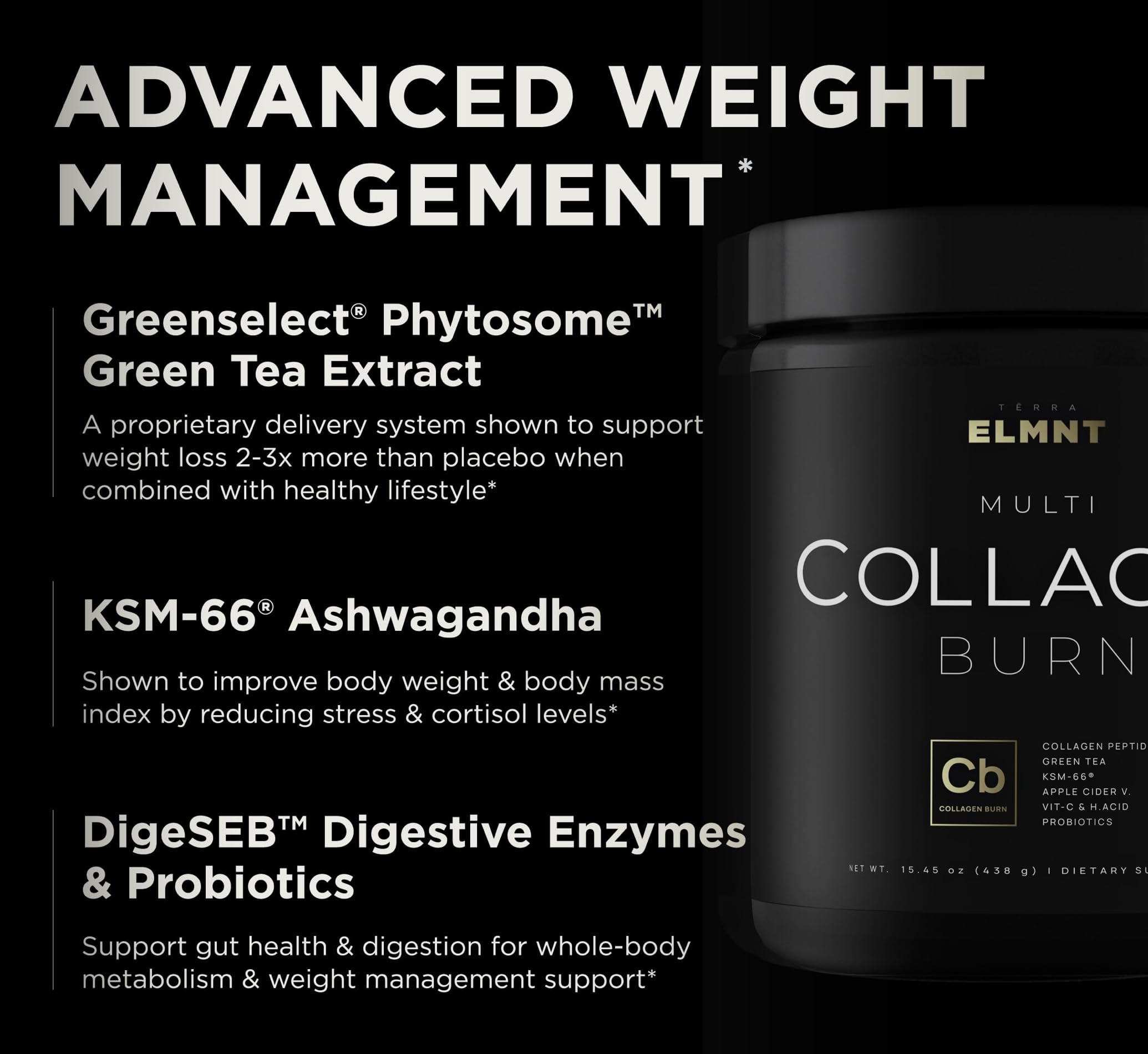 Terra Elmnt Chocolate Collagen Burn packaging emphasizes premium ingredients.