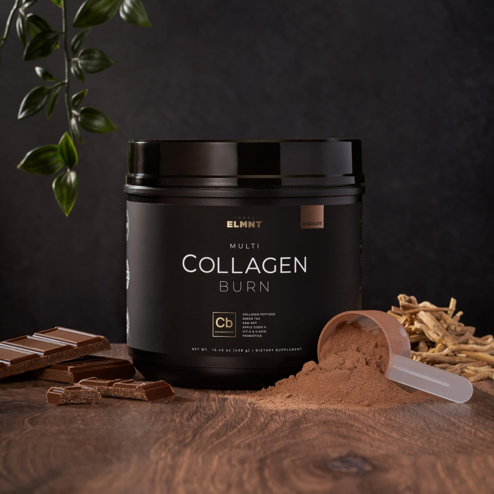 Terra Elmnt Chocolate Collagen Burn scoop beside jar for daily intake.
