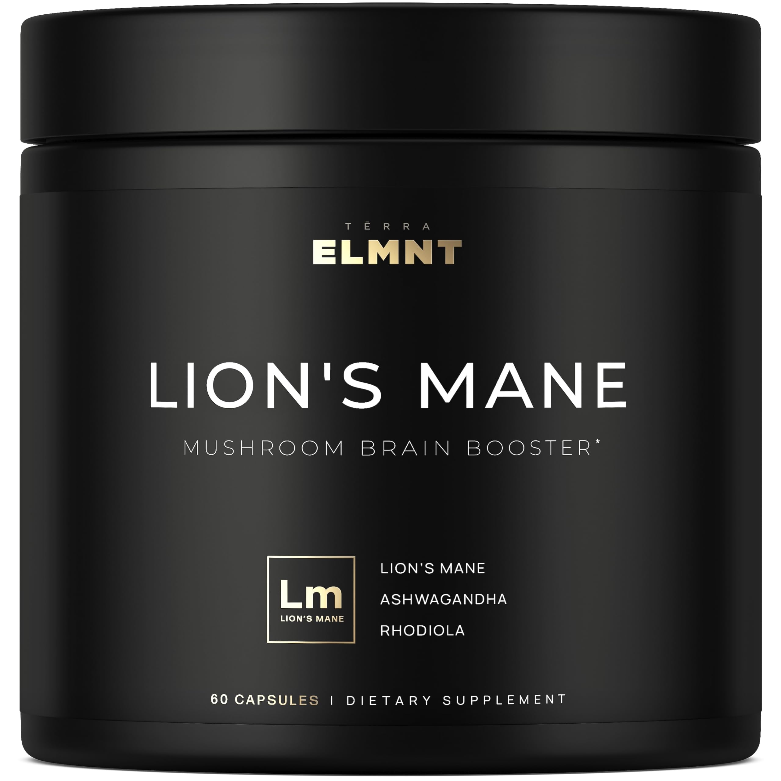 Terra Elmnt Lions Mane capsule closeup for daily focus and memory support.