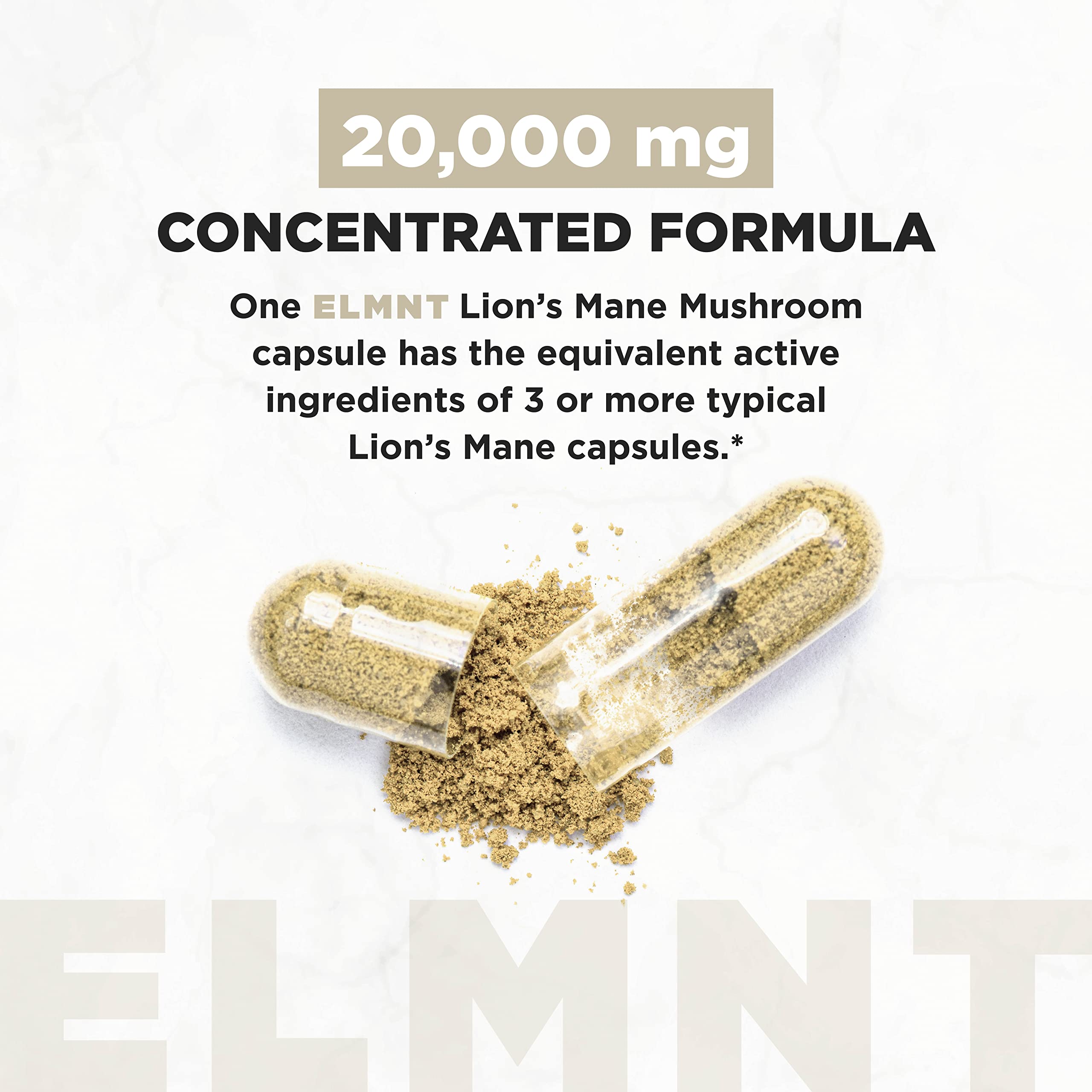 Terra Elmnt Lions Mane extract with 50 percent polysaccharides highlighting potency for focus.