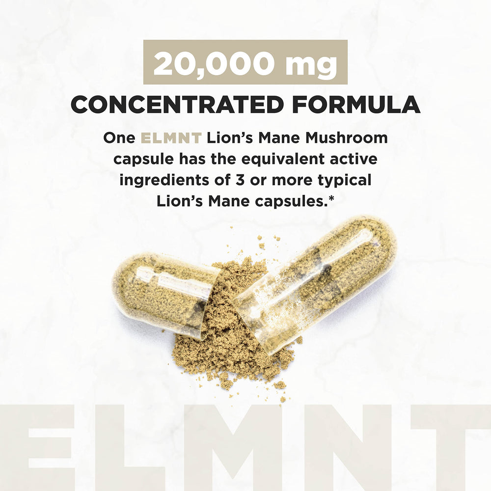 Terra Elmnt Lions Mane extract with 50 percent polysaccharides highlighting potency for focus.