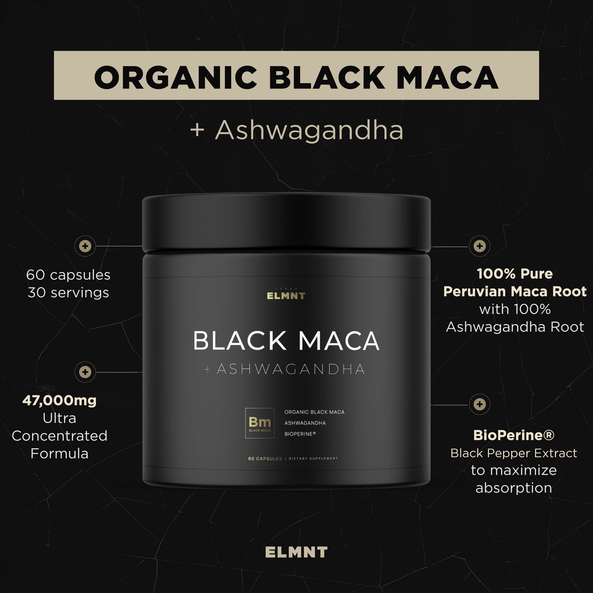 Terra Elmnt Maca Ashwagandha formula supports balance and stamina