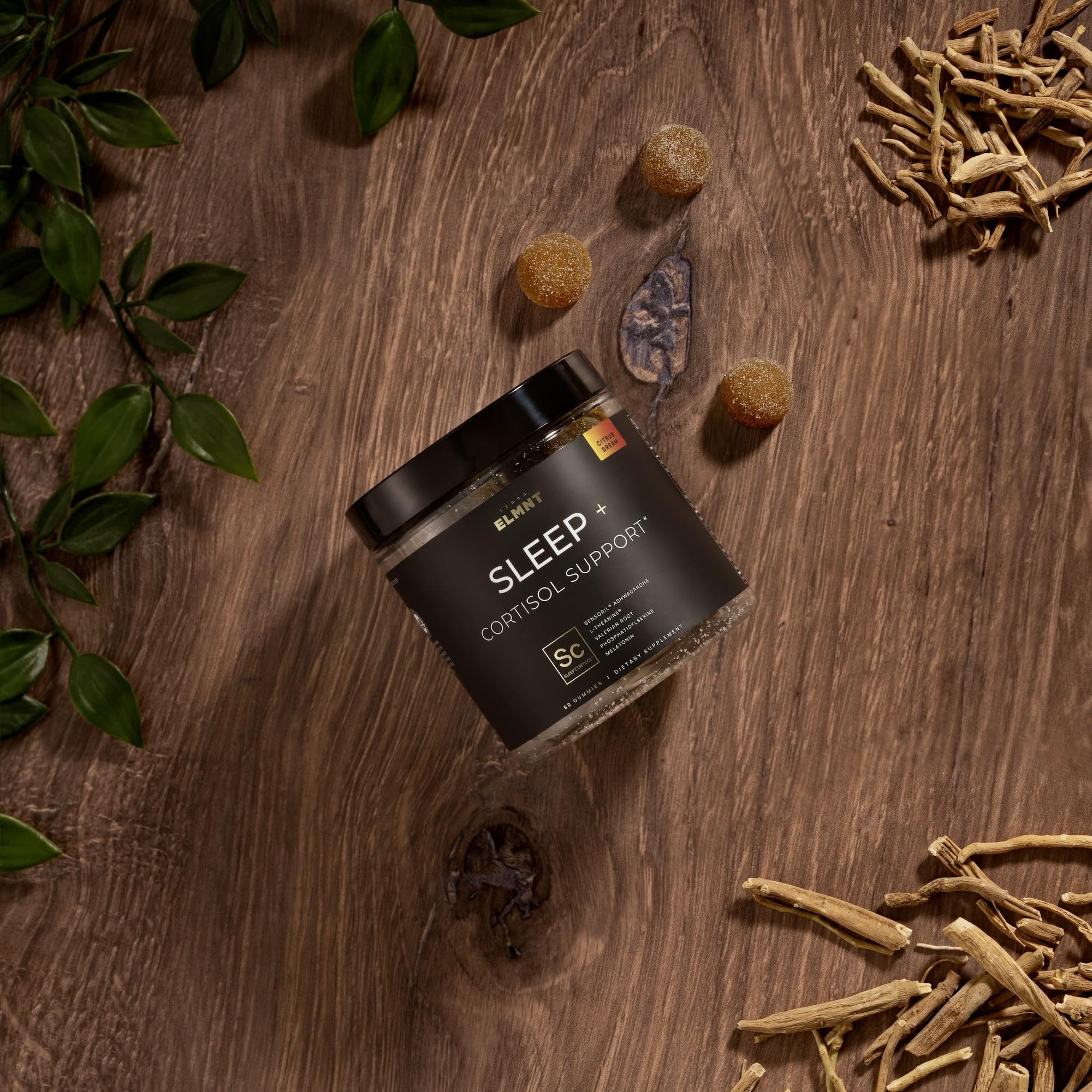Terra Elmnt gummies ingredient close-up with ashwagandha and L-Theanine
