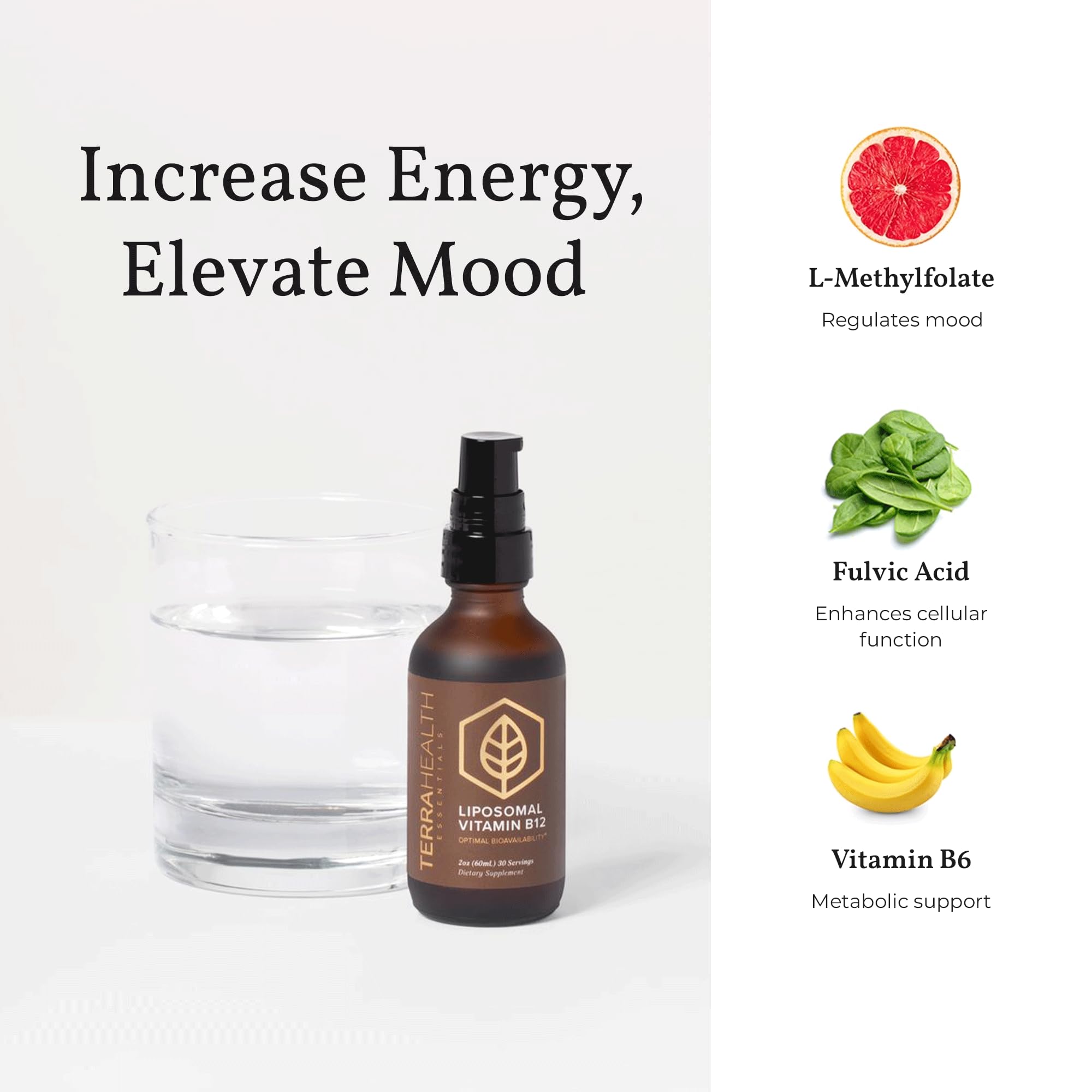 Terra Health Essentials Liposomal B12 energy-boosting scene with glass of water.