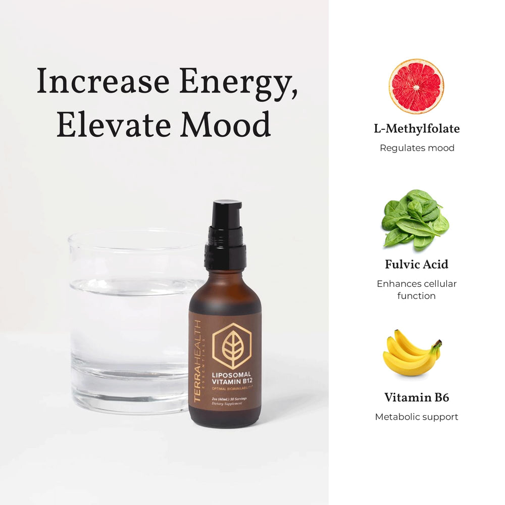 Terra Health Essentials Liposomal B12 energy-boosting scene with glass of water.