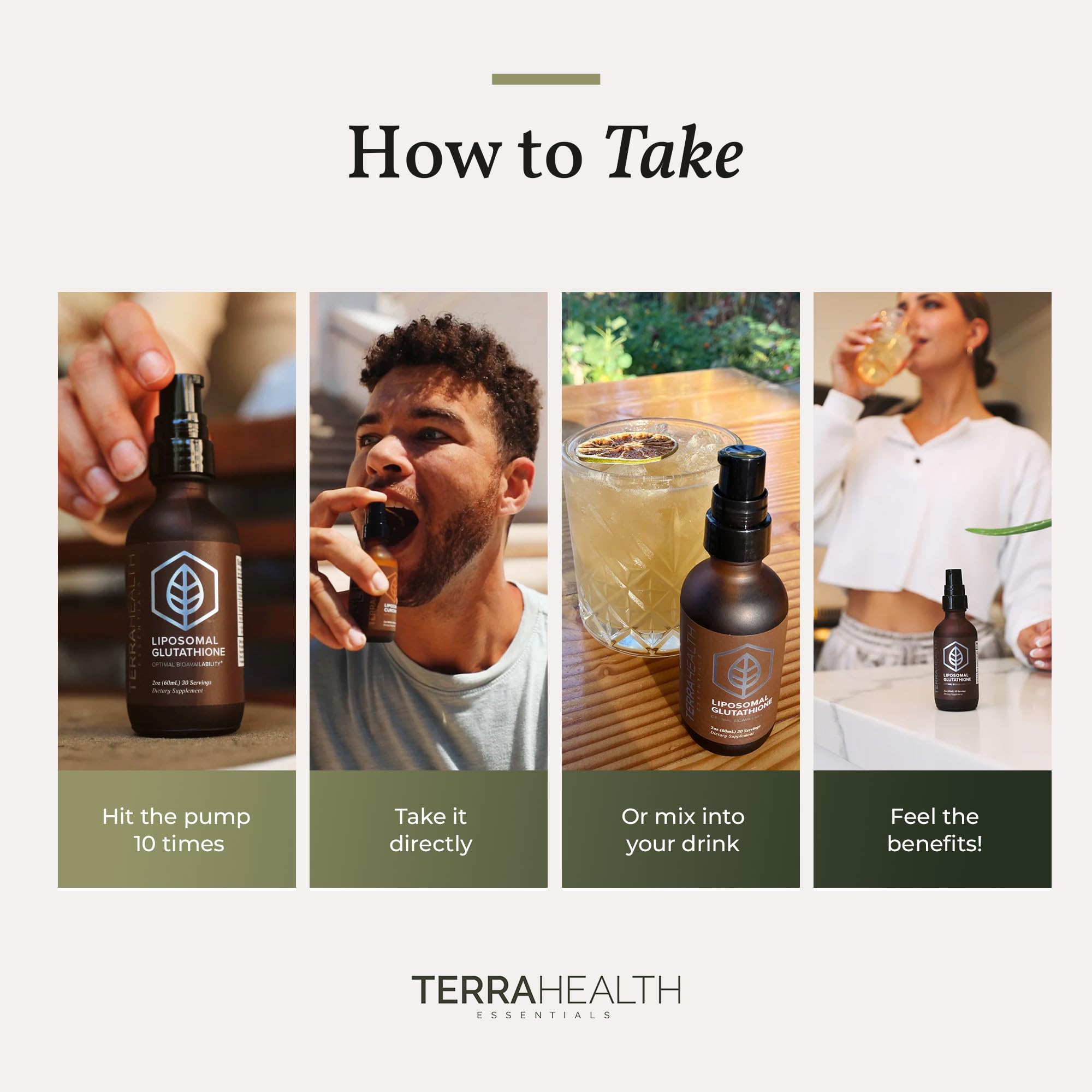 Terra Health Essentials liposomal glutathione clear liquid glows under light.