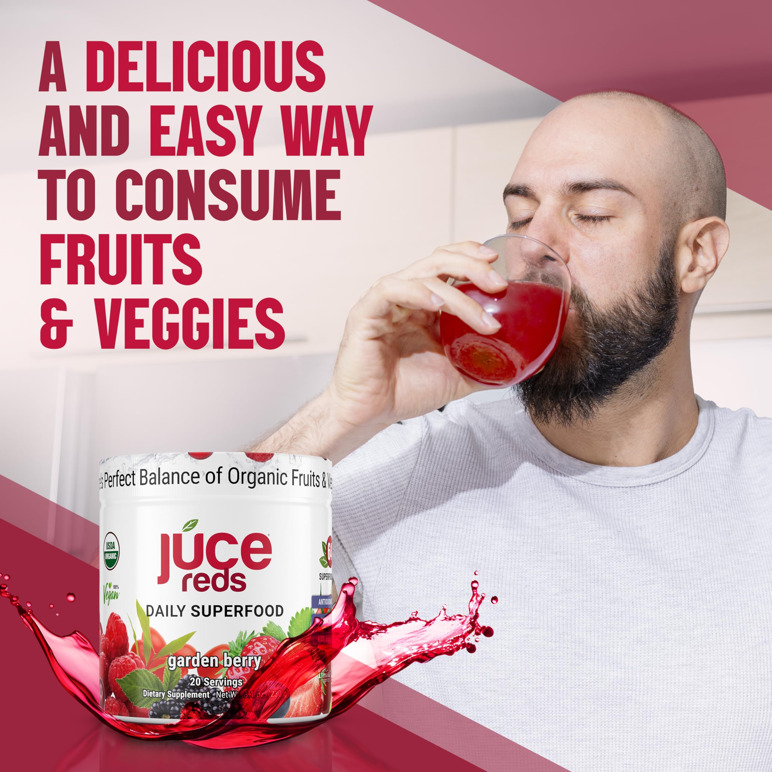 Terra Kai Juce Reds shake poured after a workout to replenish energy.