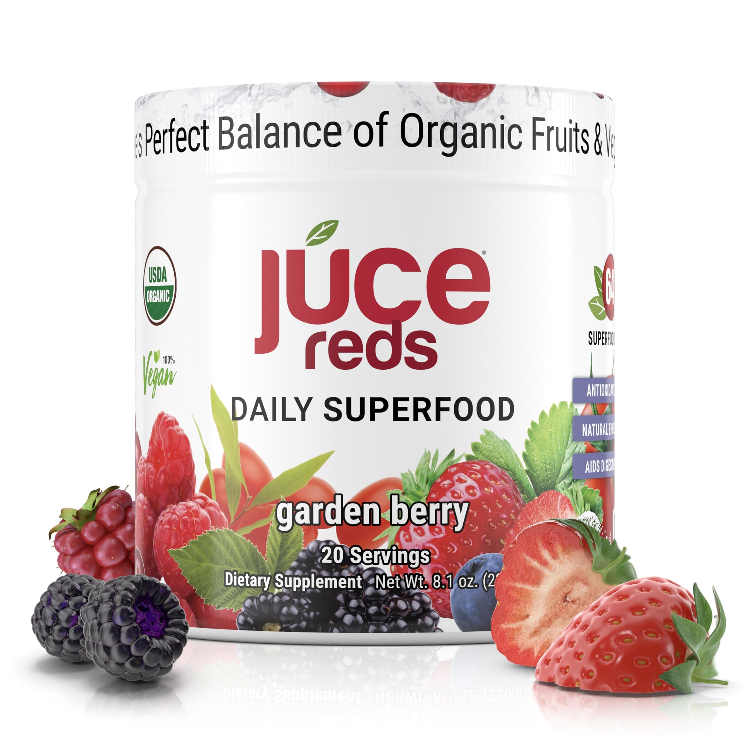 Terra Kai Juce Reds tub front highlights garden berry flavor for daily wellness.
