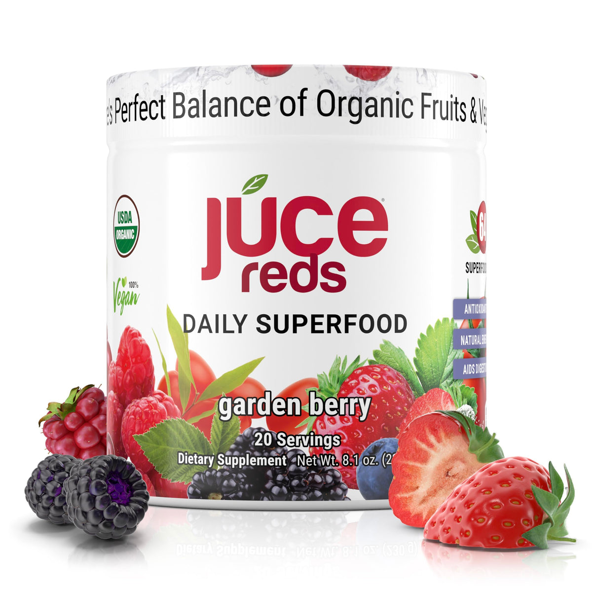 Terra Kai Juce Reds tub front highlights garden berry flavor for daily wellness.