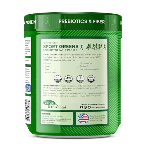 Berry-flavored Juce SG7 powder with a scoop highlights plant-based protein.
