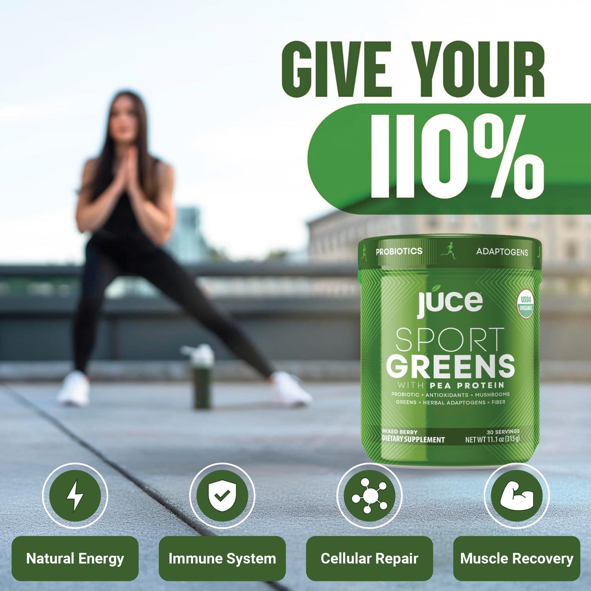 Glass greens drink ready to support a busy day.