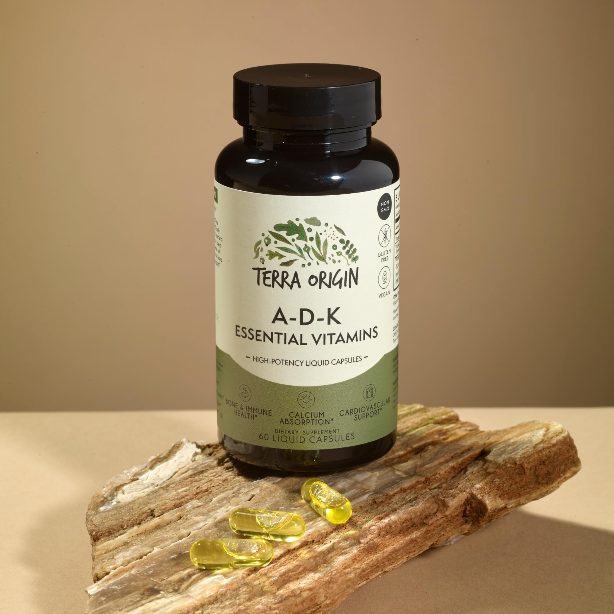 Terra Origin ADK Essential bottle back with ingredient details and certifications