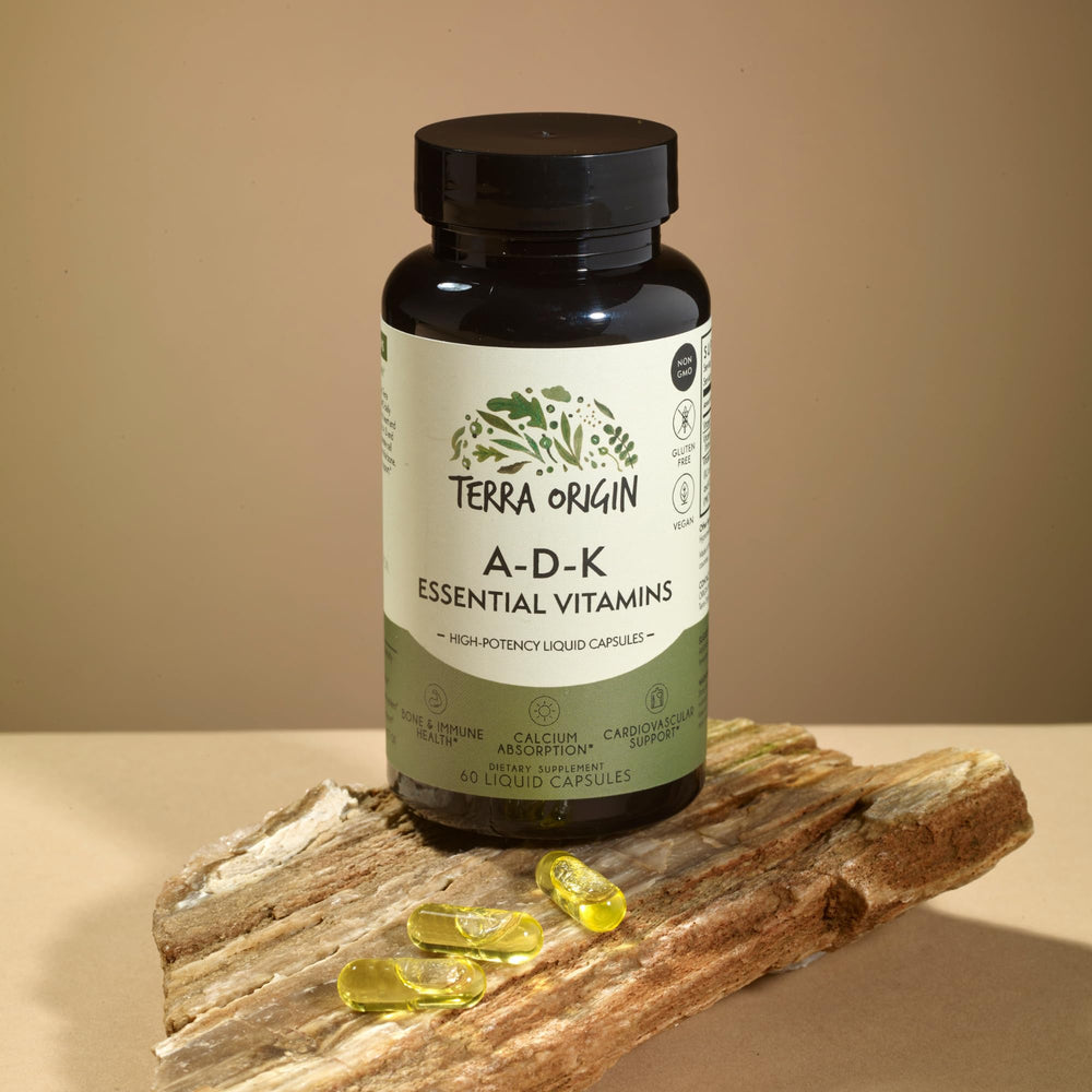 Terra Origin ADK Essential bottle back with ingredient details and certifications