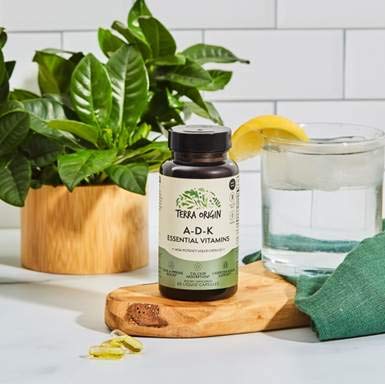 Terra Origin ADK Essential capsules closeup highlights fat-soluble liquid capsules