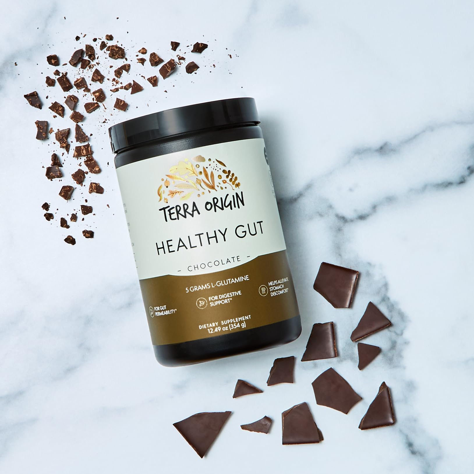 Terra Origin Healthy Gut Chocolate ingredient panel features PepZinGI and L-Glutamine for gut support.