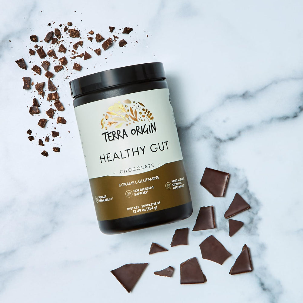 Terra Origin Healthy Gut Chocolate ingredient panel features PepZinGI and L-Glutamine for gut support.
